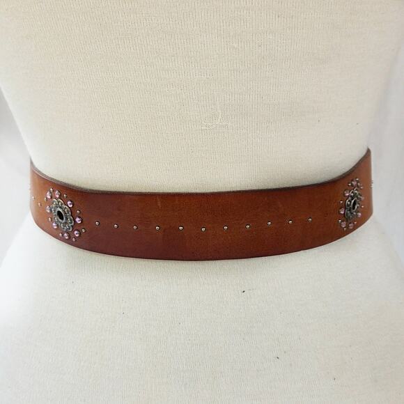 Y2K Fossil Brown Leather Belt M Floral Medallion Pink Crystal Glam - Picture 5 of 8
